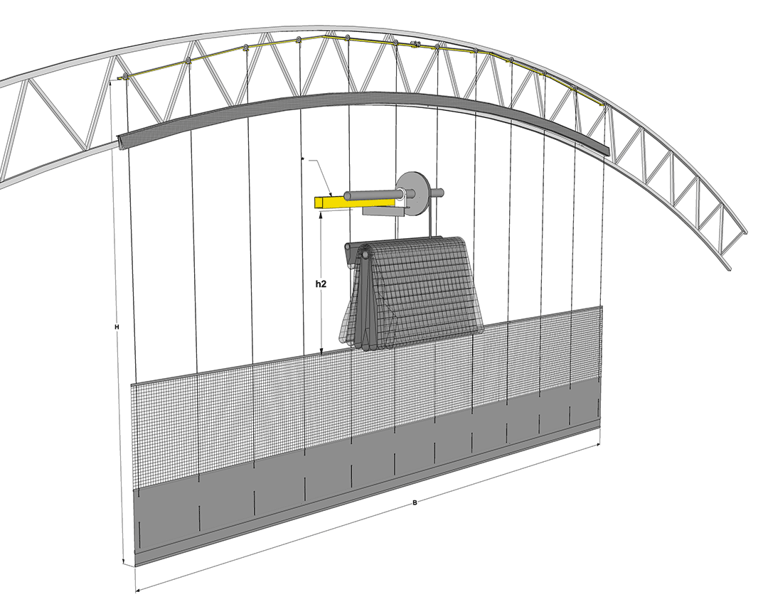 Fold up curtain divider for sporthalls and arenas.